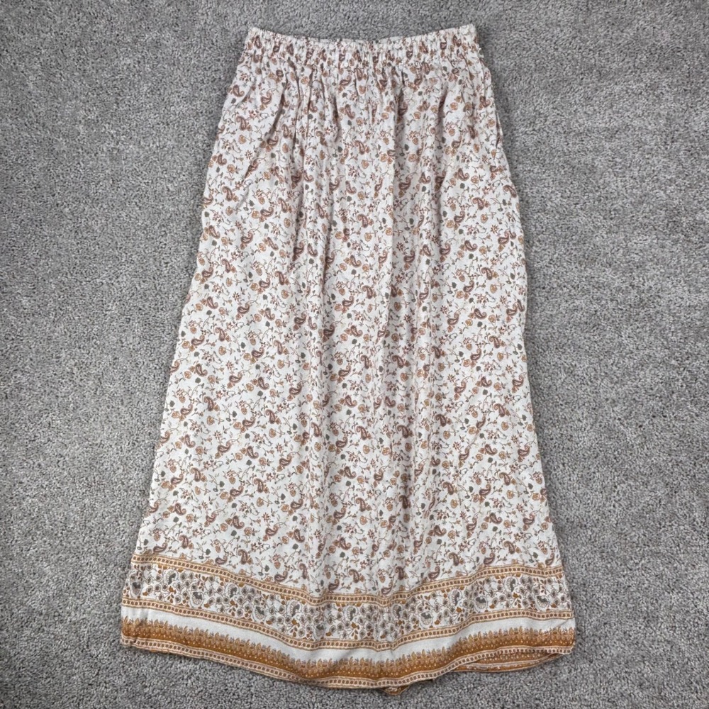Zeagoo Women Paisley Floral Maxi Skirt White Brown Elastic Waist Pockets Size M